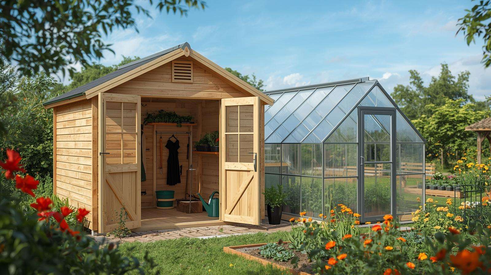 Modern shed and greenhouse combo in a backyard with plants and tools, showcasing year-round farming efficiency.
