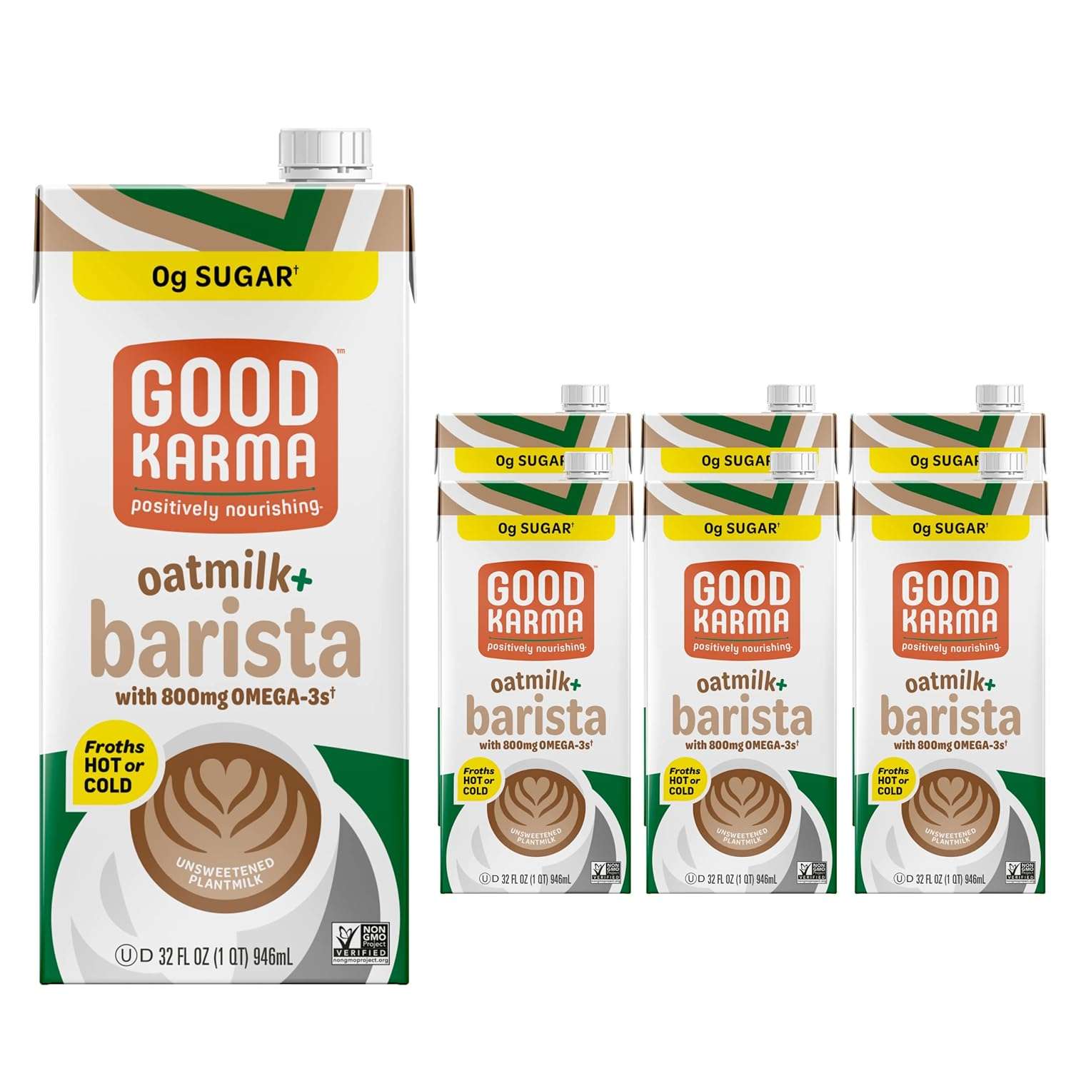 Good Karma Unsweetened Oatmilk + Barista Blend, 32 Ounce (Pack of 6), 800mg Omega -3s, Plant-Based Non-Dairy Milk Creamer Alternative with Oats, Flax and Peas, Lactose Free, Vegan, Shelf Stable