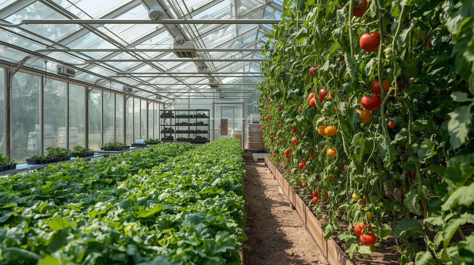 Interior of a shed and greenhouse combo showing thriving kale and tomatoes under sunlight, optimized for year-round harvests.