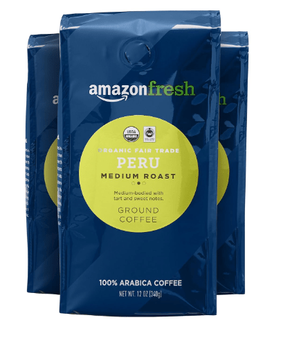 Amazon Fresh Organic Fair Trade Peru Ground Coffee, Medium Roast, 12 Ounce (Pack of 3)