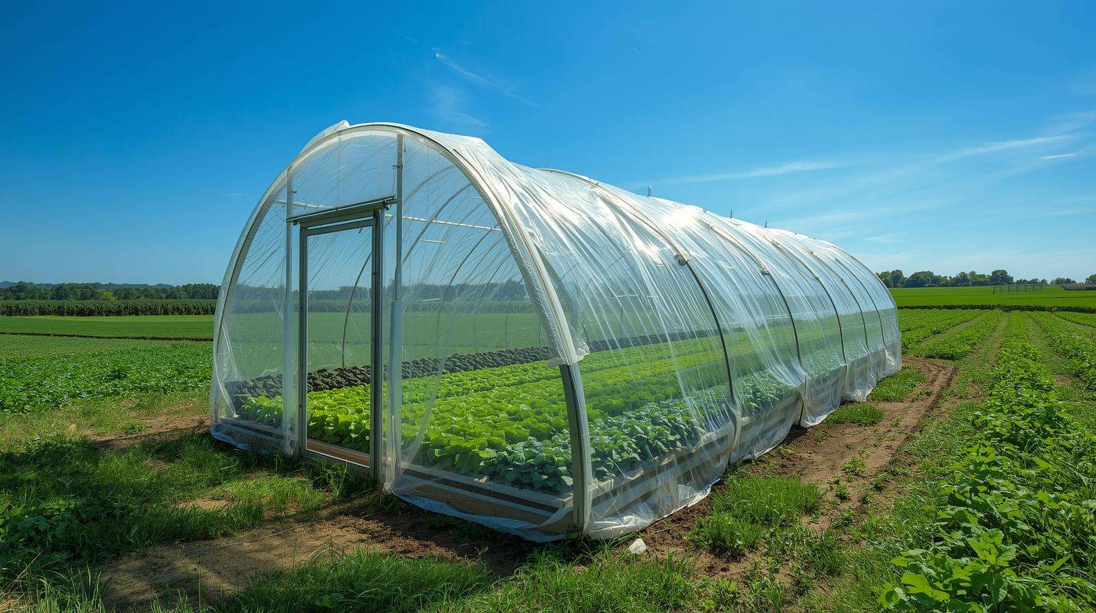 Greenhouse with biodegradable plastic film covering, showcasing thriving organic lettuce and herbs in a sustainable farm setting.