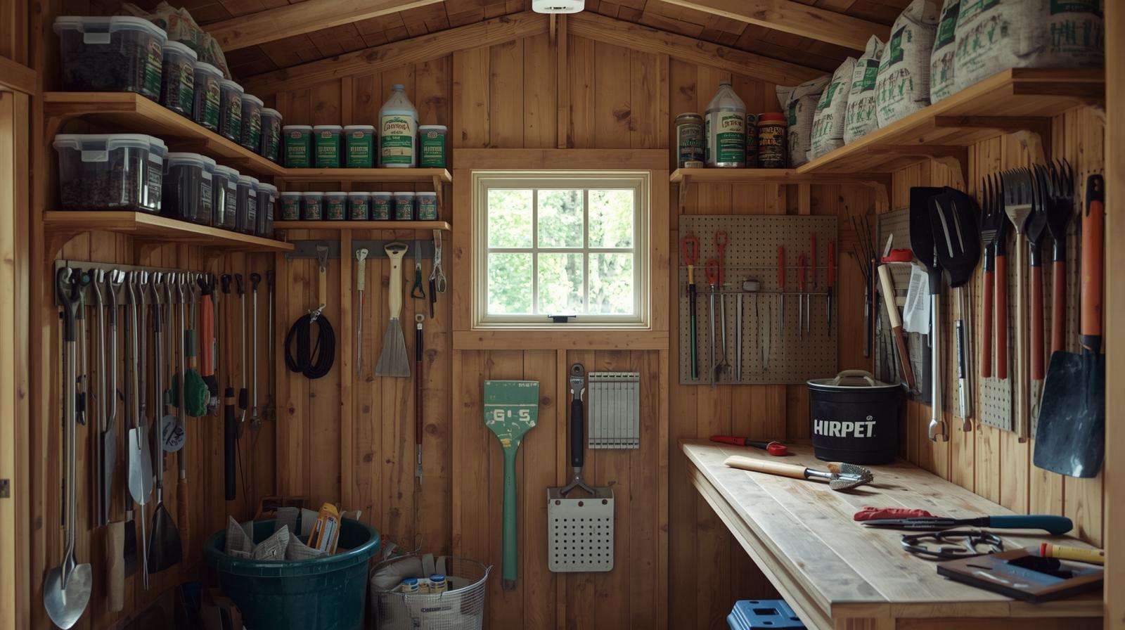 Organized shed in a shed and greenhouse combo with tools and seed storage, enhancing farming efficiency.