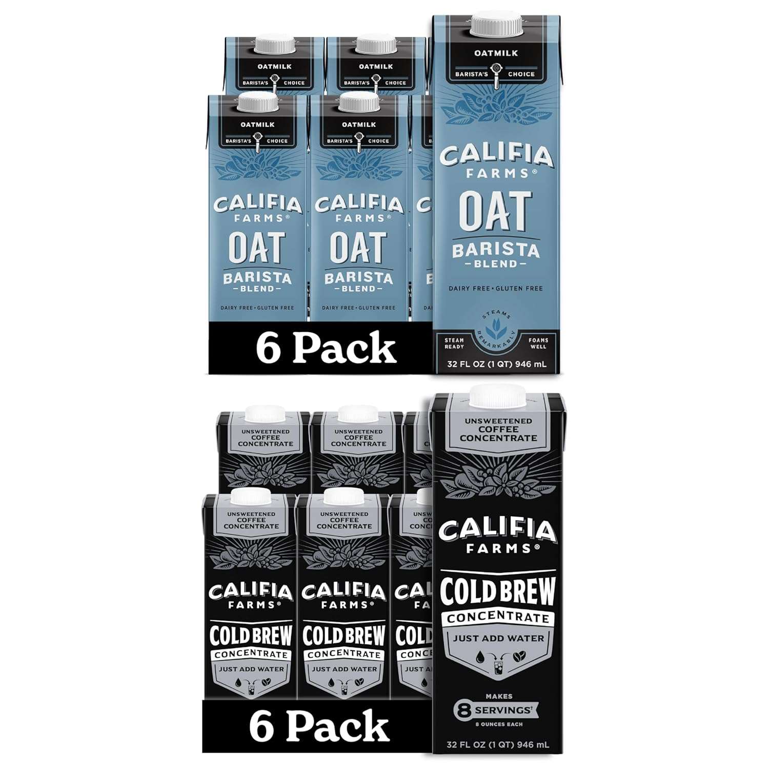 Califia Farms - Cold Brew Coffee Concentrate, Unsweetened, 32 oz (Pack of 6) | Makes 48 Servings of Hot or Iced Coffee| Shelf Stable & Oat Milk, Unsweetened Barista Blend, 32 Oz (Pack of 6)