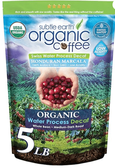 5LB Subtle Earth Organic Decaf - Swiss Water Process Decaf - Medium Dark Roast - Whole Bean Coffee - Low Acidity - Organic Certified by CCOF - 5 Pound Bag