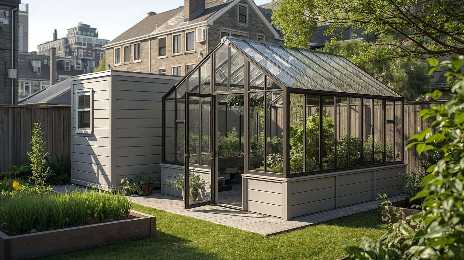 Compact shed and greenhouse combo in an urban backyard, growing herbs and greens for sustainable city farming.