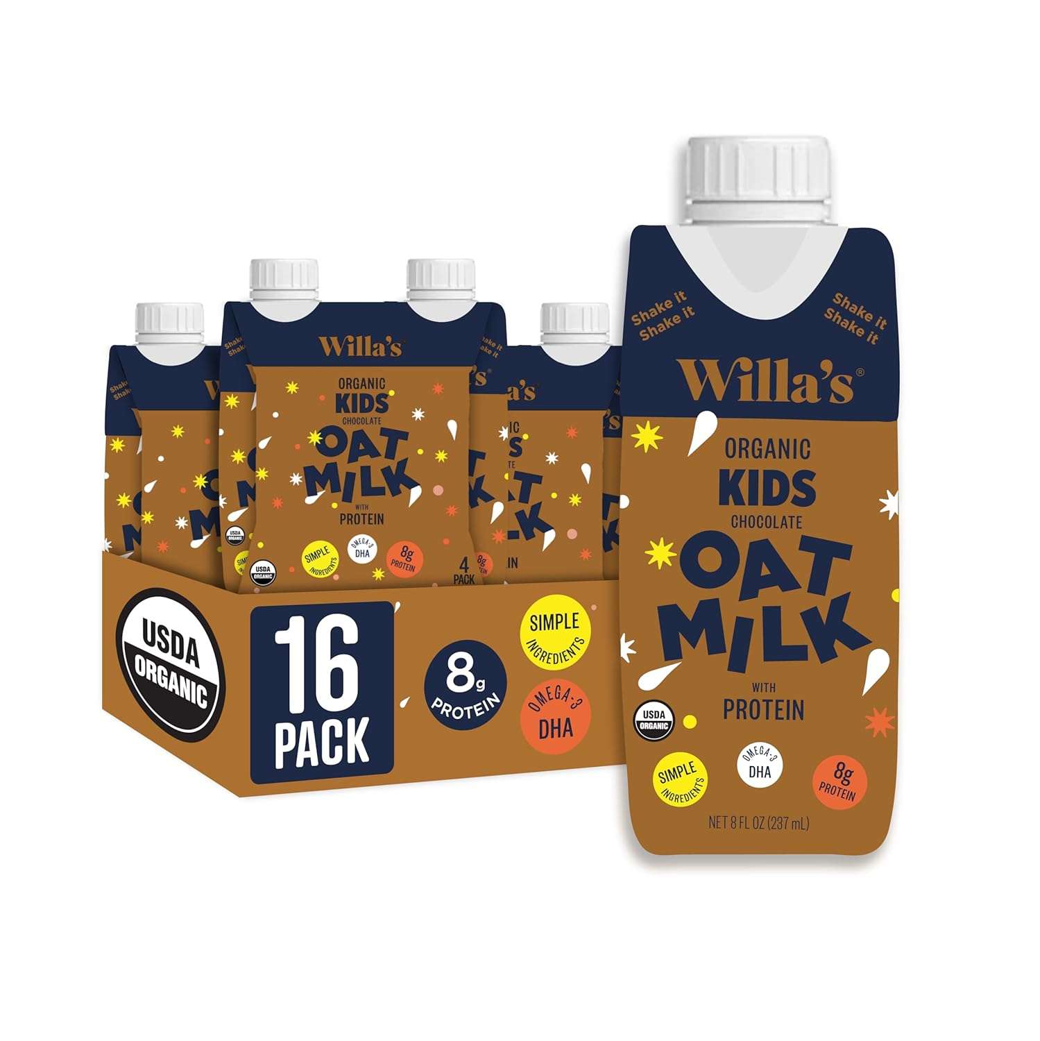 Willa's Organic Kid's Chocolate Oat Milk with 8g Protein & 240g Calcium, Plant-Based Milk for Kids, Dairy-Free, Low Sugar, 2g Fiber– 8.25 oz, 16 Pack