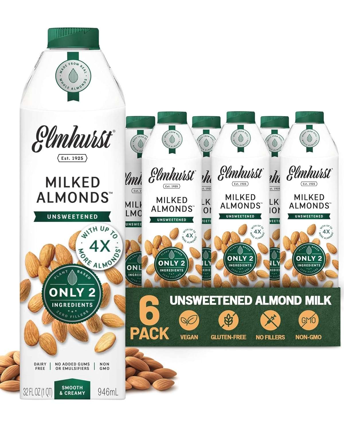 Elmhurst 1925 Unsweetened Almond Milk - 32 Ounce (Pack of 6) Dairy-Free, Vegan, Kosher, No Added Sugar, Shelf Stable Milk Made with Water & Almonds for Healthier, Simpler Plant-Based Alternatives