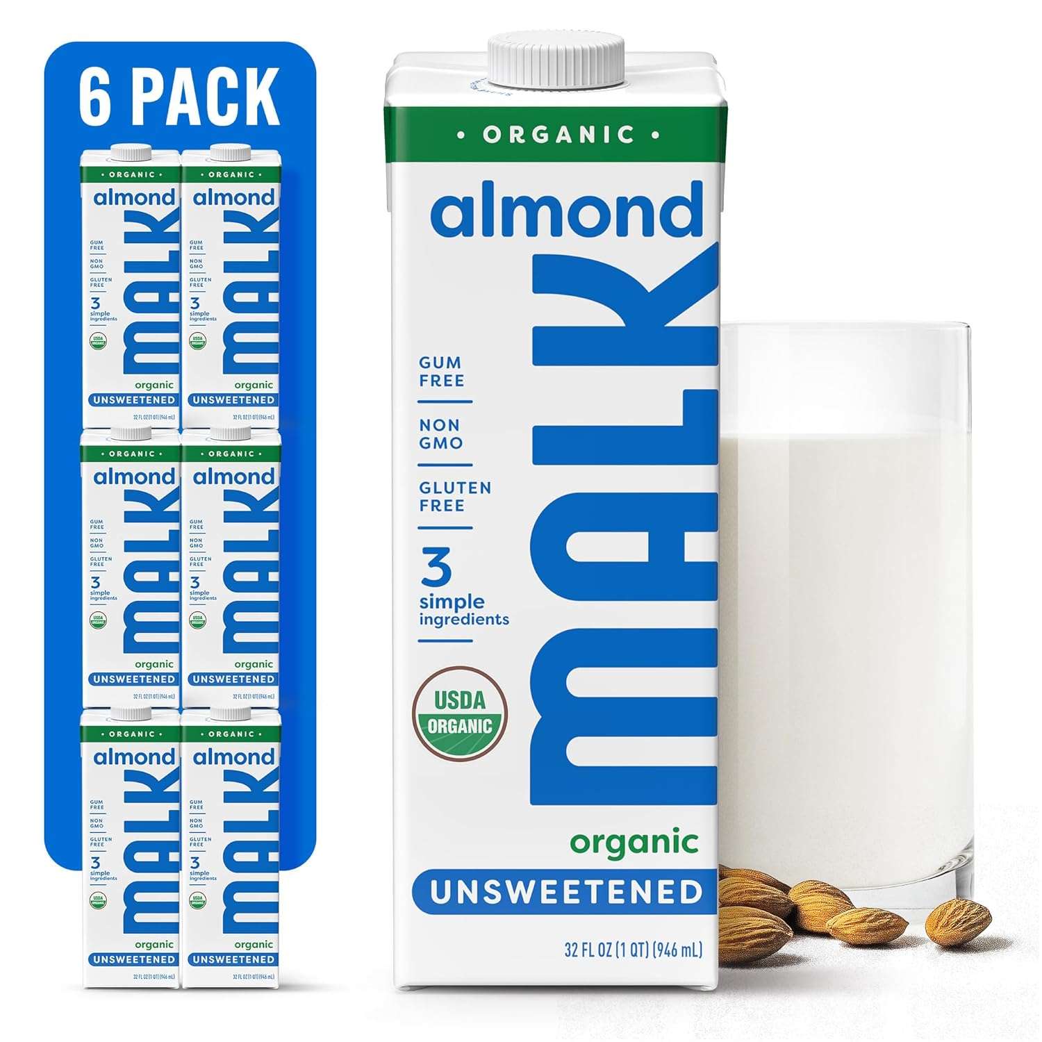 MALK Almond Milk Unsweetened (32oz, Pack of 6) - Shelf Stable Organic Almond Milk, Non GMO, Whole 30, Dairy Free, Vegan, Plant Based, No Gums or Fillers - Malk for Smoothies, Cereal, Coffee, Creamer