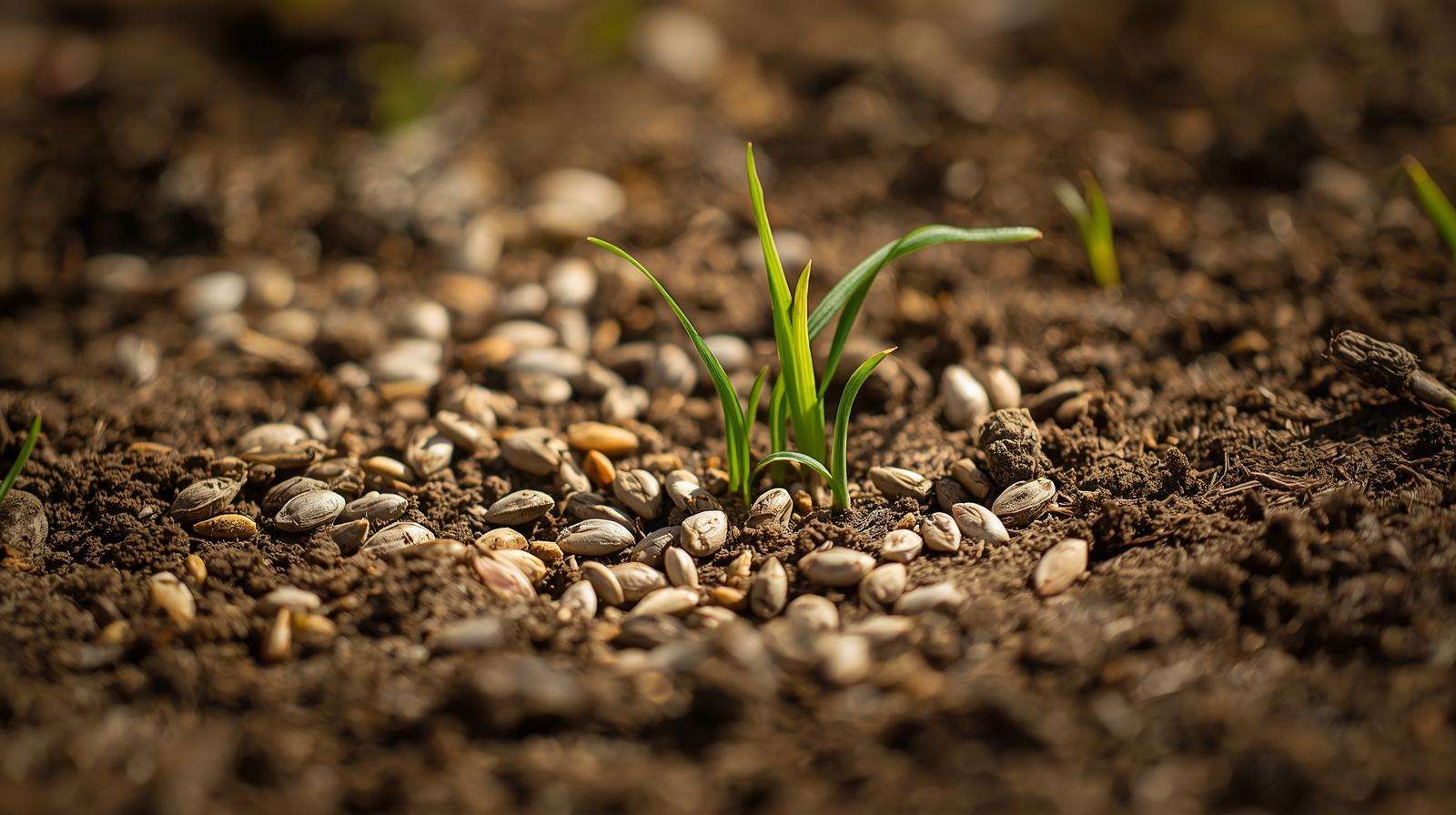 Close-up of grass seeds with sprouts on damp soil for how often to water grass seed guide.