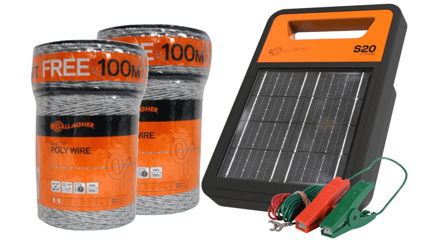 Gallagher S20 Solar Electric Fence Charger with 3,280 Ft Poly Wire | Complete Electric Fence Kit for Livestock, Gardens, and Predator Control | 