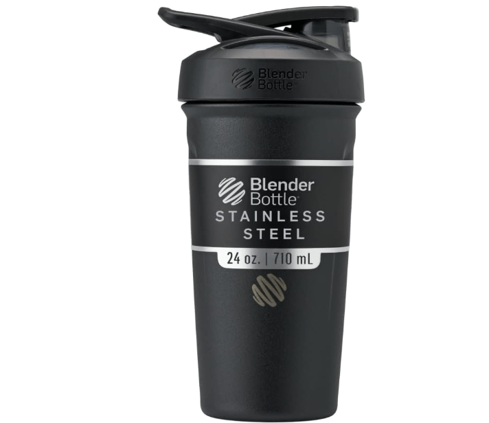 BlenderBottle Strada Shaker Cup Insulated Stainless Steel Water Bottle with Wire Whisk, 24-Ounce, Black
