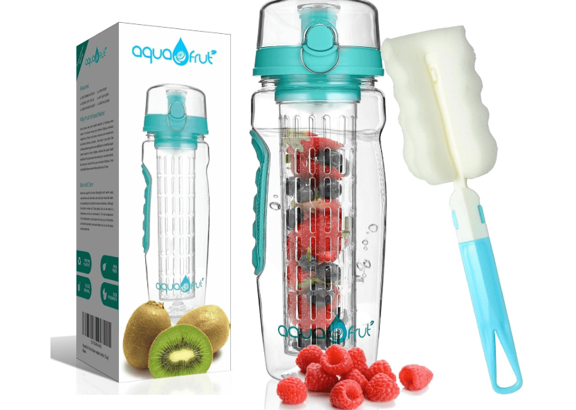 aquaFrut 32 OZ Fruit Infuser Water Bottle BPA-Free Fruit Infusion Sports Bottle - Flip Top Lid w Drinking Spout, Leak Proof, Made of Durable Tritan. Free Recipe eBook! (Teal)
