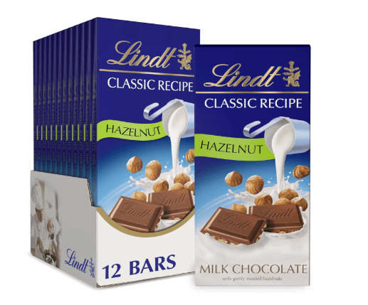 Lindt CLASSIC RECIPE Hazelnut Milk Chocolate Bar, Milk Chocolate Candy, 4.4 oz. (12 Pack)