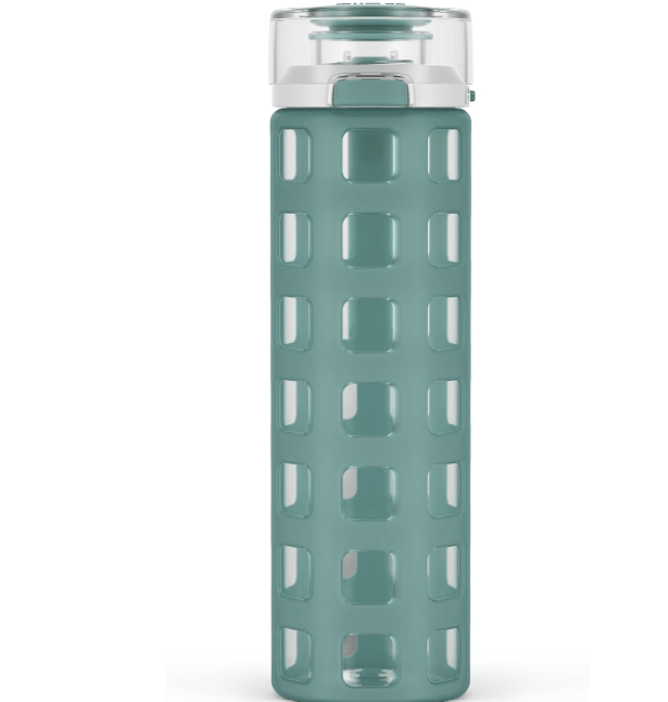 Ello Syndicate 20oz Reusable Glass Water Bottle with One-Touch Leak Proof Flip Lid, Protective Non-Slip Silicone Sleeve, Carry Loop for Coffee, Tea and Water, BPA-free, Dishwasher Safe, Alligator
