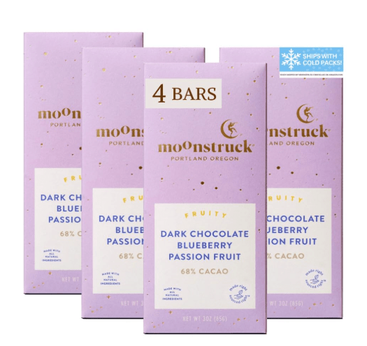 Moonstruck Chocolate Blueberry and Passion Fruit Dark Chocolate Bar, 68% Cacao, 3.0oz (Pack of 4)