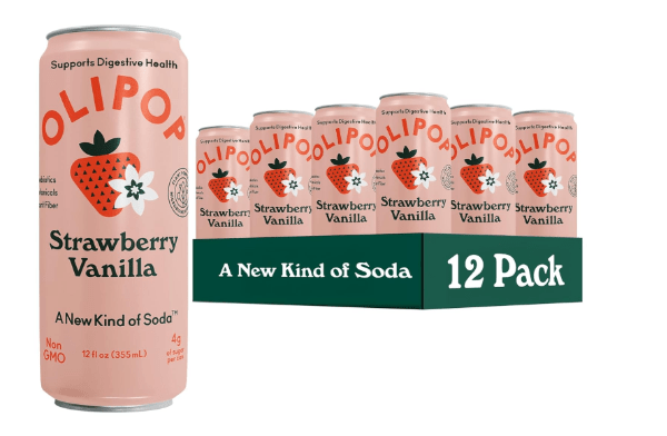 OLIPOP Prebiotic Soda Pop, Strawberry Vanilla, Pantry Pack Packed with Prebiotics, Fiber, and Botanicals, Gluten Free