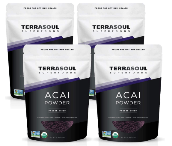 Terrasoul Superfoods Organic Acai Berry Powder, 16 Oz (Pack of 4), Freeze-Dried for Freshness, Omega Fats Boost for Smoothie Bowls, and Antioxidant-Packed Superfoods Recipes