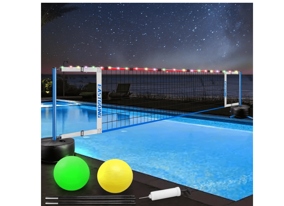 Eastgoing Pool Volleyball Net Set with Light,Adjustable Length 15-25FT,Swimming Pool Volleyball Net System with 2 Water Volleyballs and Heavy Duty Base.