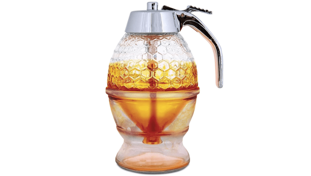 Hunnibi 8oz No Drip Glass Honey Dispenser with Plastic Top - Honeycomb-Style Syrup Server and Bee-Themed Storage Jar with Stand - 6" Clear Container for Honey, Maple Syrup