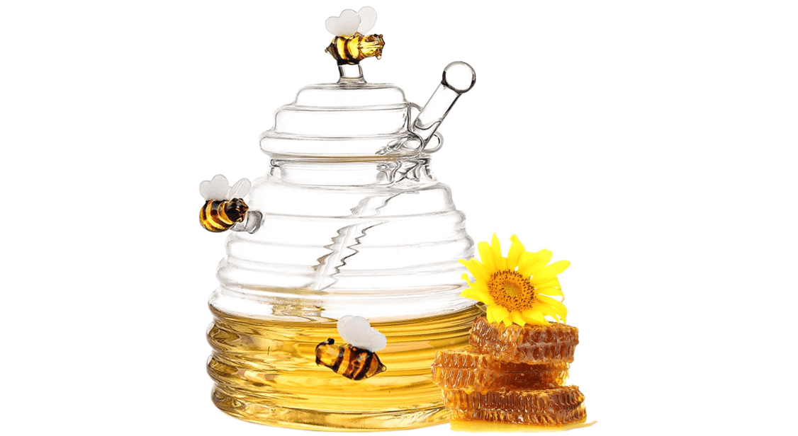 TKMENGY Beehive Glass Honey Jar - Crystal Clear Heavy Glass Honey Pot Container for Jam, Jelly, Syrup -Honey Jars with Dipper Ideal for Home & Kitchen
