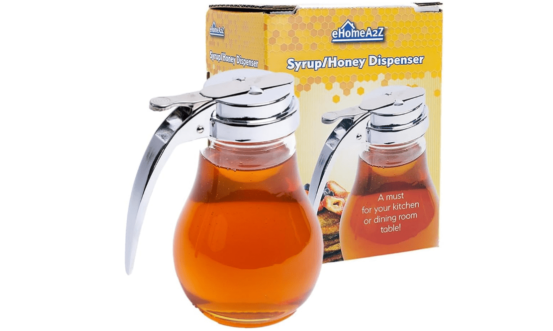 EHOMEA2Z Commercial-Grade Tempered Glass Honey Dispenser, 14 Ounce Honey Jar with Metal Top, Kitchen Essential Honey Jars, Convenient Honey Container, Leak-Proof Glass Honey Dispenser (1, 14 Oz)

