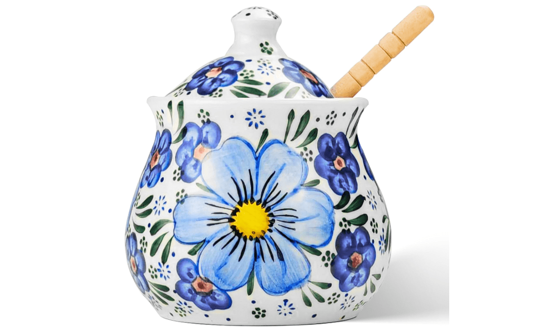 JUSONEY Ceramic Honey Pot with Dipper and Lid,10oz Handpainted Honey Dispenser with Flowers,No drip, Honey Jar Easy Clean(A)
