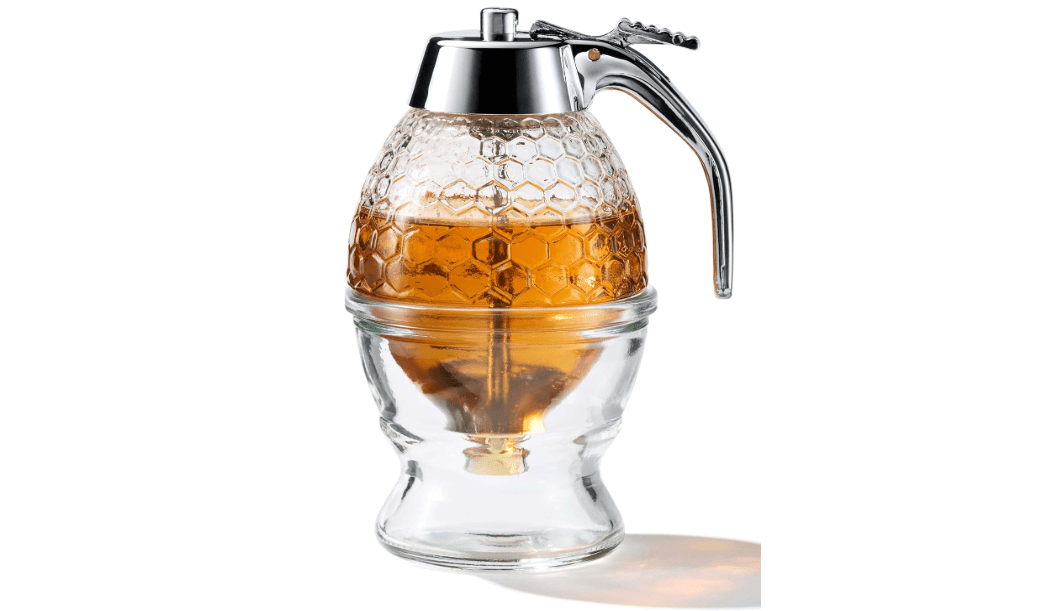 SAFE, Stainless Steel Shaft, Glass Honey Dispenser, Chrome-Plated ABS Lid – No Drip Glass with Stand – 8 oz Honey Jar – Honeycomb Design Container – Honey Pot for Honey, Maple Syrup
