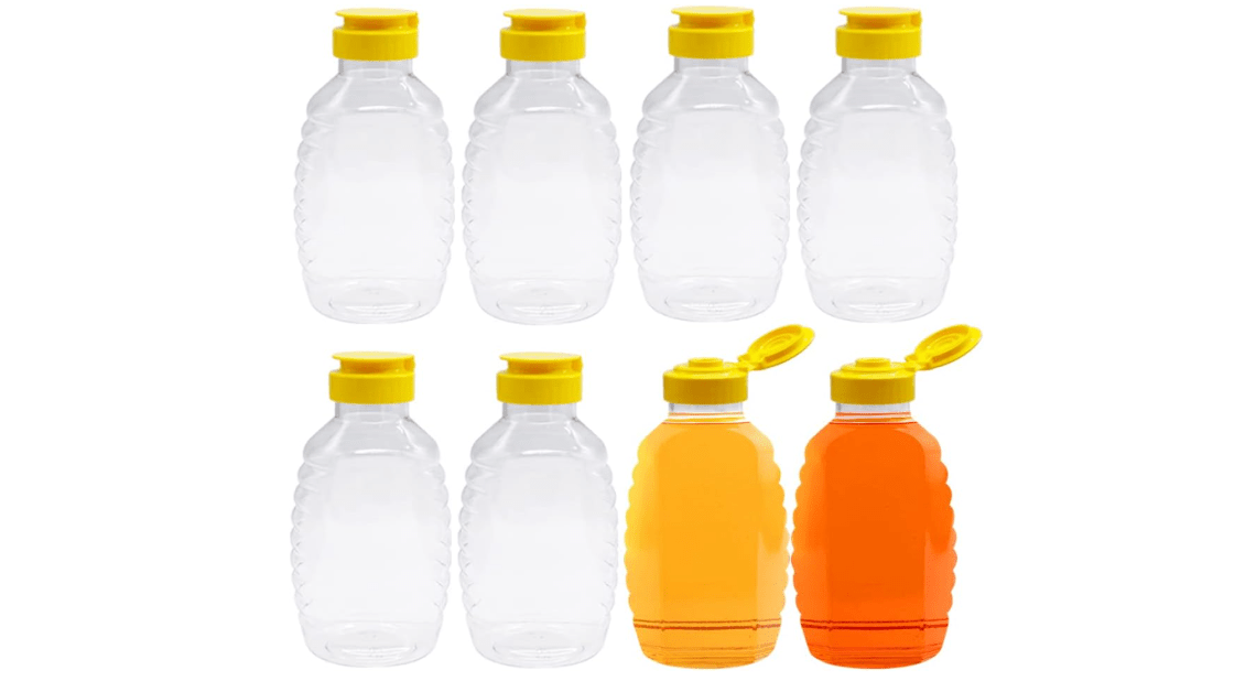8 Pack 16oz Clear Plastic Honey Bottles,Refillable Food Grade Honey Container,Squeeze Honey Bottle With Leak Proof Flip-Top Caps for Storing and Dispensing
