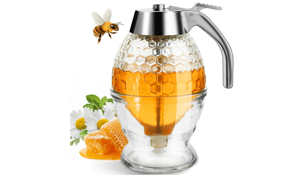 Honey Dispenser, Glass Honey Dispenser No Drip, Honey Pot with Stand, 8 oz Honey Jar, Maple Syrup Honey Container, Elegant Honeycomb Design for Home Decor for Any Occasion
