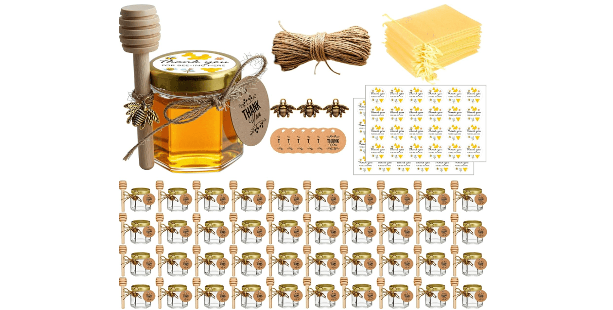 Adabocute Honey Pot, Glass Honey Jars, Small Honey Jars with Wooden Dippers, Bee Charms, Gold Gift Bags and Jutes Lids, Mini Honey Jars Baby Shower Favors, 1.5oz 40 Pack
