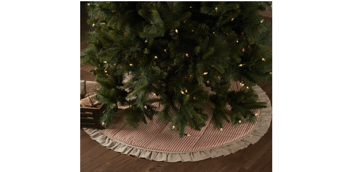 VHC Brands Sawyer Mill Holidays Ticking Striped Chambray Cotton Farmhouse Decor Hand Quilted Round 48" Diameter Tree Skirt, Red Country
