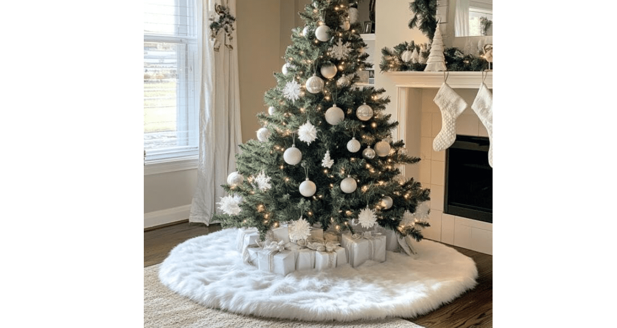 AOGU 48 Inch Faux Fur Christmas Tree Skirt White Plush Skirt for Merry Christmas Party Christmas Tree Decoration
