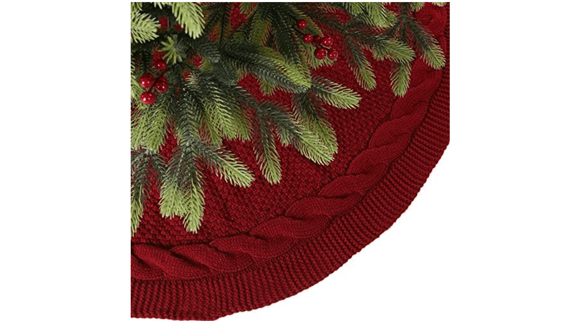 Sattiyrch Christmas Tree Skirt, 48 inches Luxury Cable Knit Knitted Thick Rustic Xmas Holiday Decoration, Burgundy
