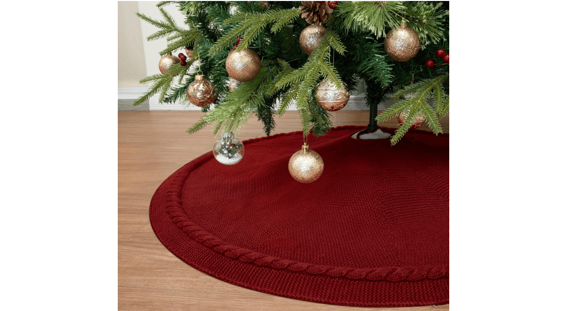 WBHome Christmas Tree Skirt, 52 inch Cable Knit Knitted Thick Rustic Holiday Decoration, Christmas Red
