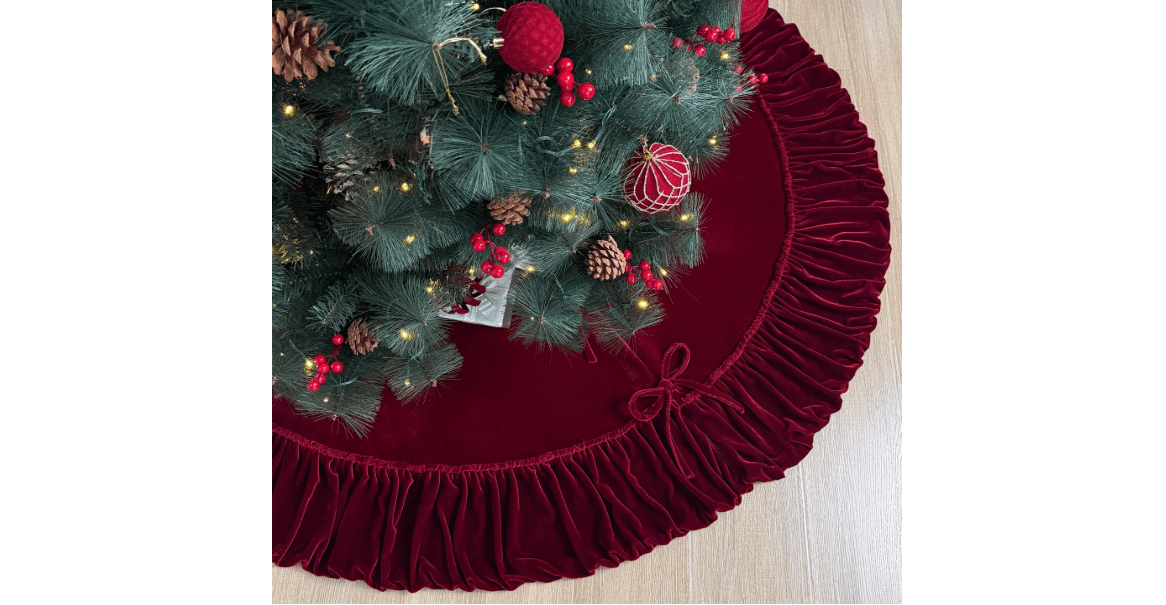 Starry Dynamo 60-Inch Ruffled Velvet Christmas Tree Skirt with Foam Padding, Nylon Backing and Lace-Up Tie Closure, Burgundy
