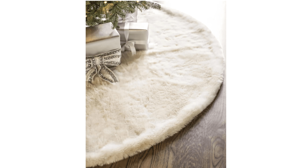 Balsam Hill Lodge Faux Fur Christmas Tree Skirt - Premium Rustic and Luxurious Fur Accents in Brown and Ivory for Tree Decor, Ivory, 60"
