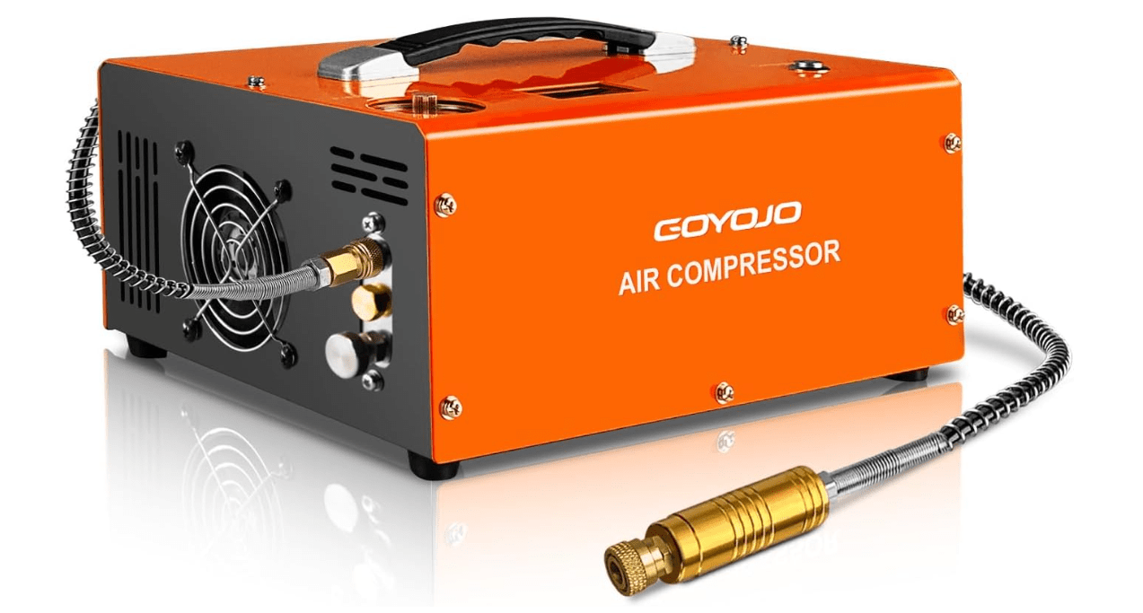 GOYOJO PCP Air Compressor, Max 4500 PSI / 300 Bar, Fast Fill for Airguns or Paintball Tank, Auto Shut-Off, Dual Power Car 12V DC or Home 120V AC, Built-in Cooling Fan, 300W Portable Pcp Pump 