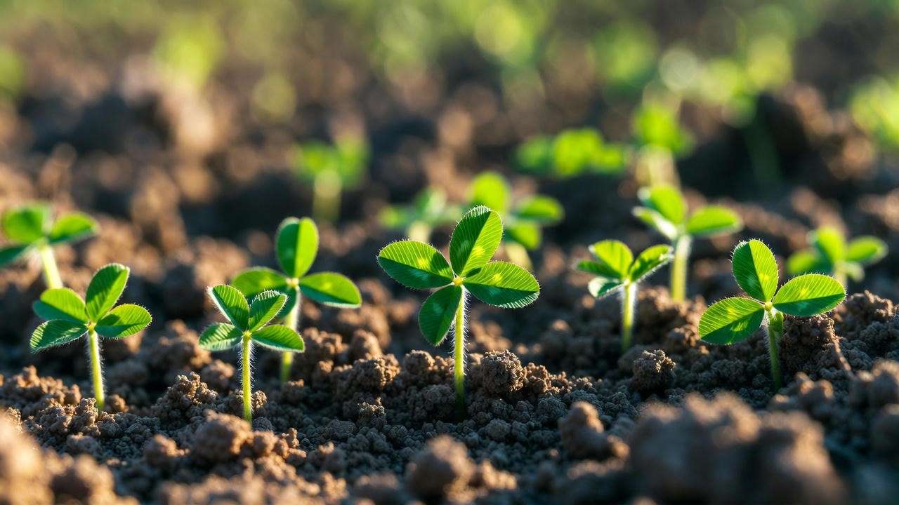 Young crimson clover sprouts emerging from healthy soil – the foundation of successful crop rotation