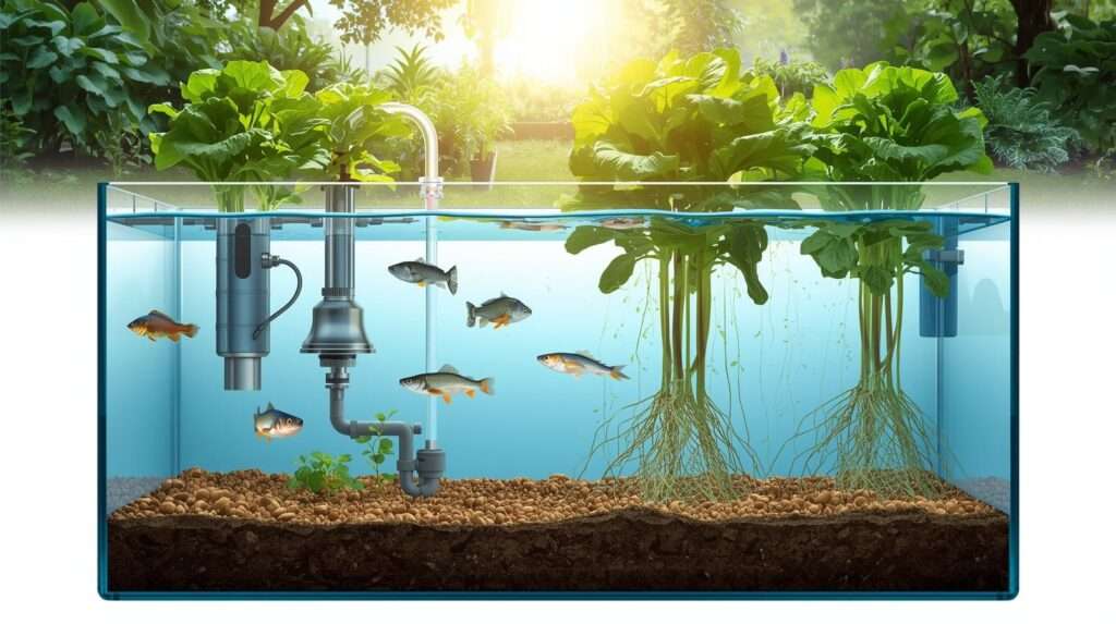Batavia lettuce ecology fish tank system diagram showing water flow and components in flood-and-drain aquaponics setup
