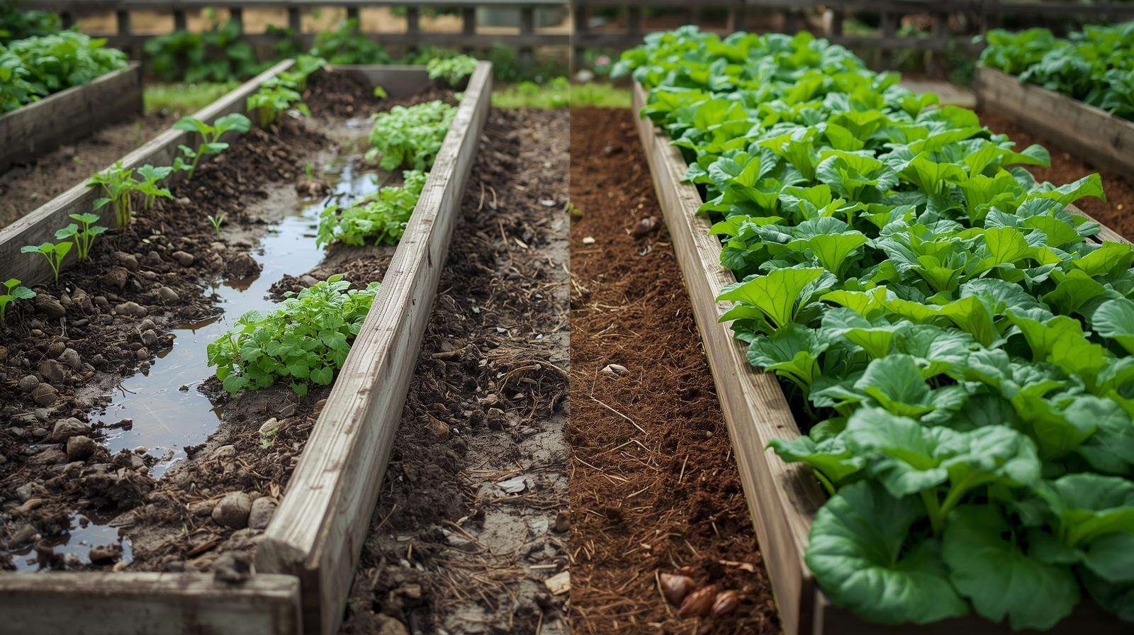 Before and after comparison of compacted vs. fluffed raised-bed soil with plant health differences.