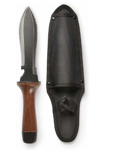 Hori Hori Garden Knife, Traditional Japanese Weeding Tool with ergonomic wooden handle. Large 7'inch blade with case. (Standard blade)