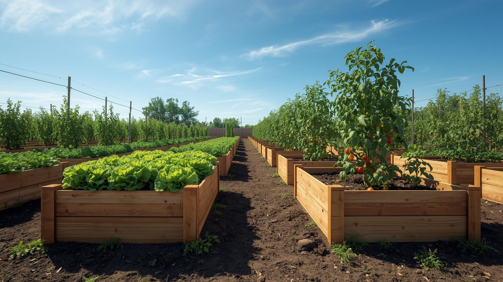 Raised garden beds of different heights growing various vegetables to show depth recommendations