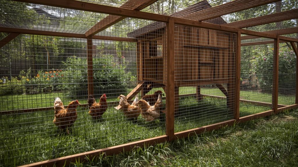 Predator-proof backyard chicken coop and run with foraging hens in a garden setting