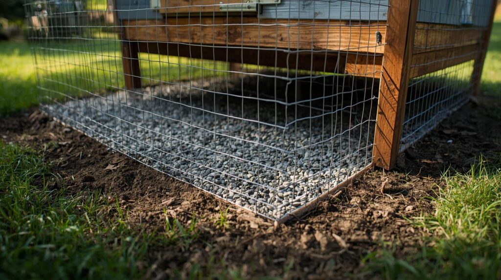 A close-up daytime view of a chicken coop base with galvanized hardware cloth buried in an L-shaped predator apron extending 18 inches outward into the soil and gravel, showing the dig barrier detail clearly against a backyard setting with grass and part of a wooden coop visible, realistic photography style, high detail, natural lighting, 16:9 aspect ratio, no text or people.