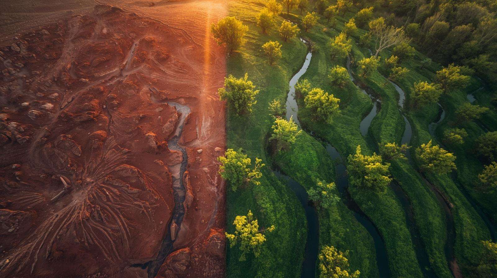 Before-and-after erosion control using a swale park — bare clay vs lush water-harvesting food forest.