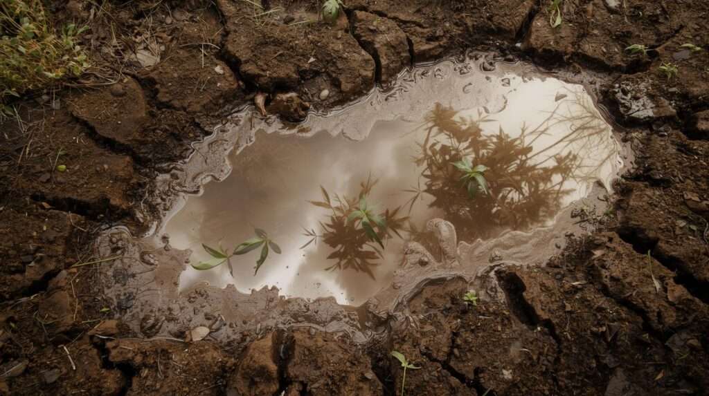 Close-up of waterlogged clay soil with standing puddles showing poor drainage issues in garden