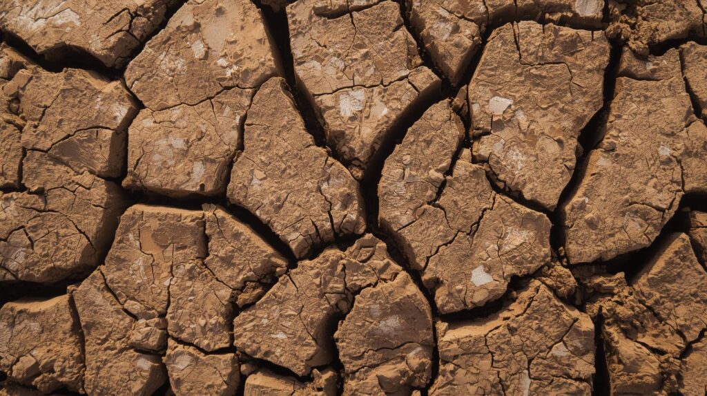 Close-up of cracked heavy clay soil showing common drainage and compaction problems in gardens