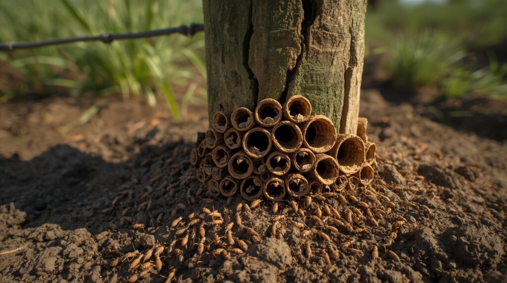 Subterranean termite mud tubes on wooden farm fence post showing early signs of infestation