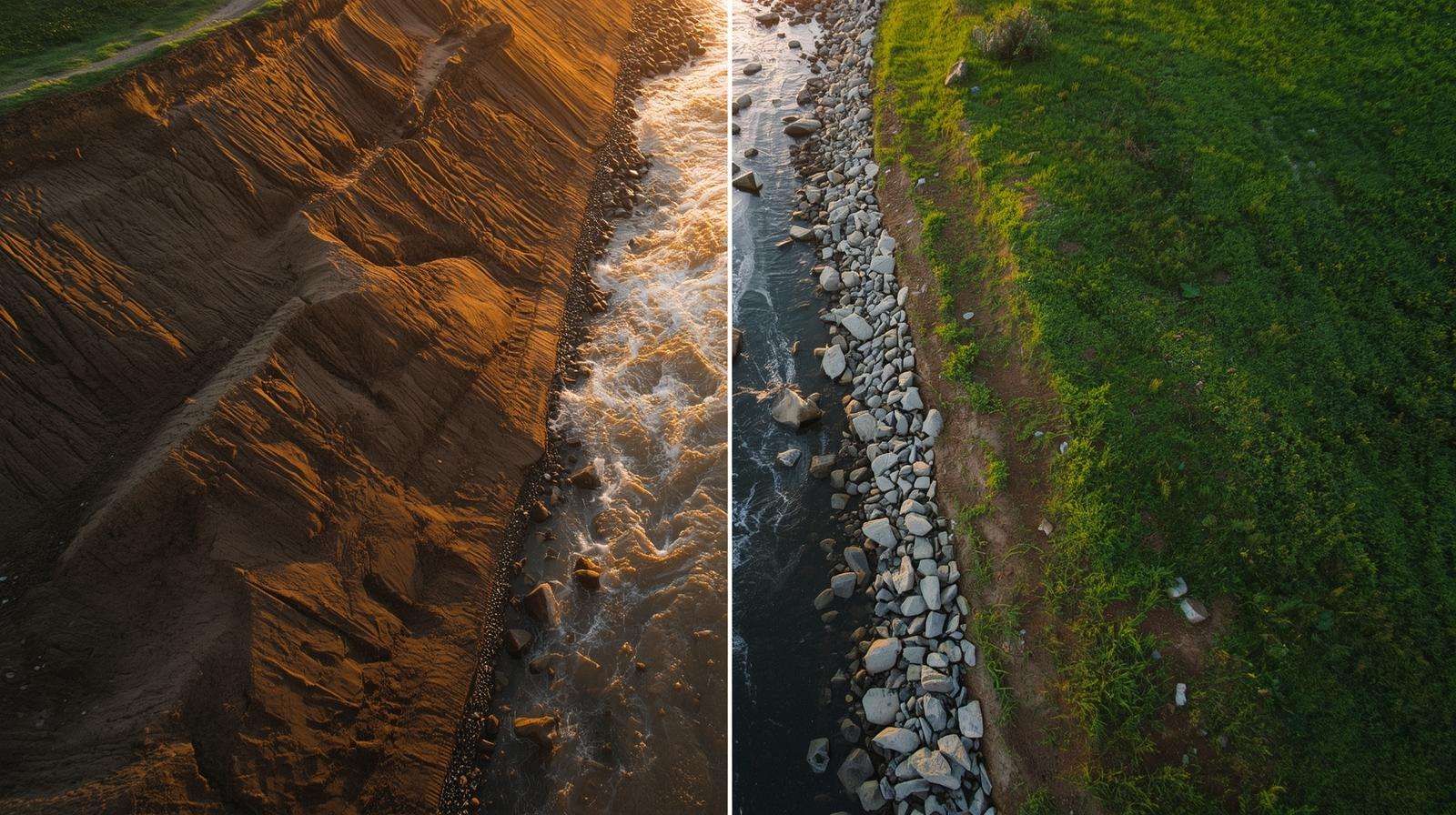 Before-and-after erosion control with a rock swale — muddy gullies vs complete protection and crystal-clear water.