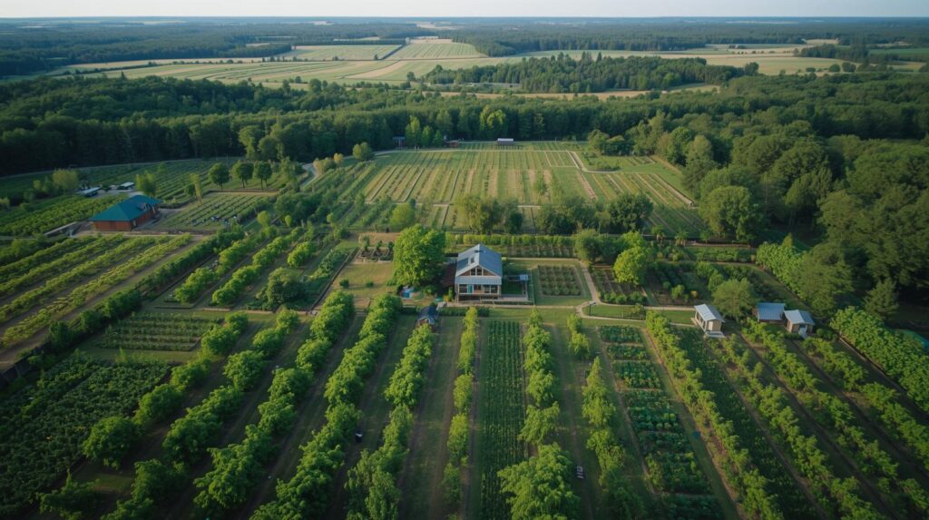 Permaculture zones on a 5–10 acre homestead layout showing organized areas from house to wilderness